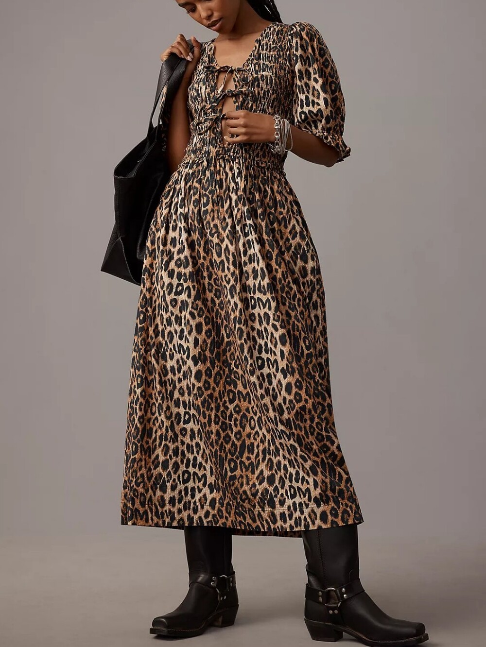 Damson Madder Leopard Midi Dress Puff Sleeves Size 6 Animal Print